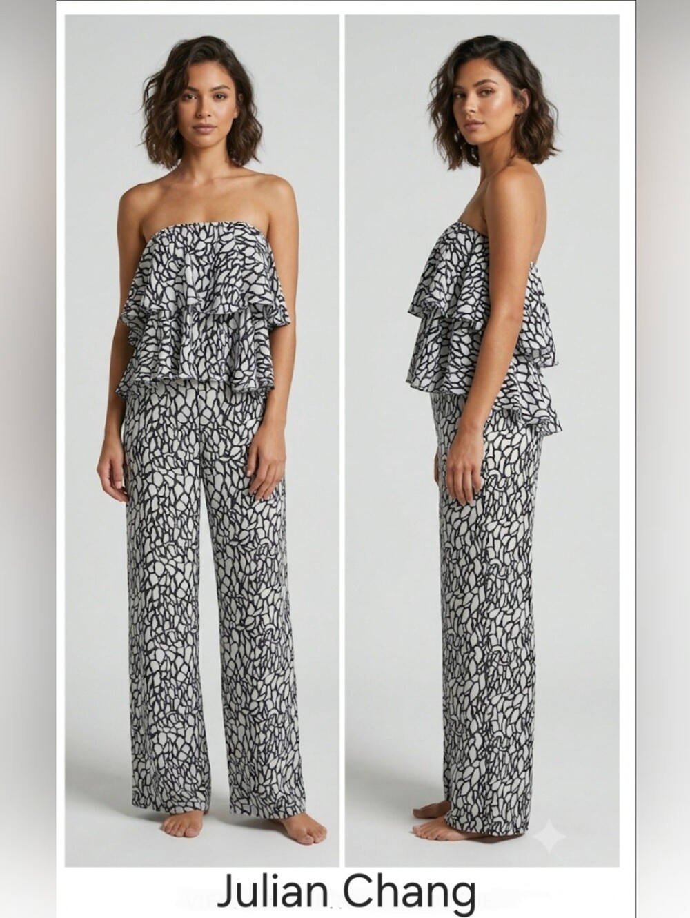 Julian Chang Black & White Strapless Ruffle Jumpsuit Size M NWT